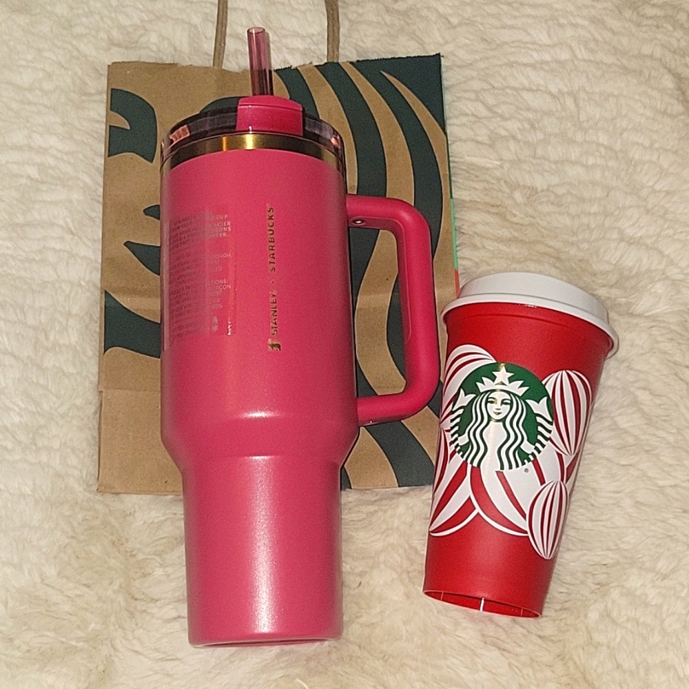 Starbucks x Stanley - Winter Berry Pink Glitter Stanley Tumbler & 2024 Red Cup